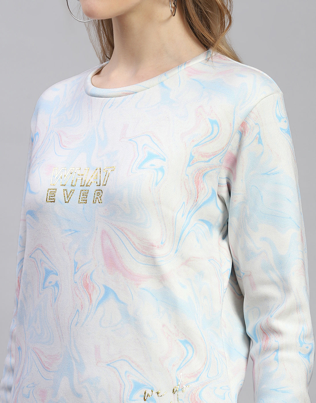 Women Turquoise Blue Printed Round Neck Full Sleeve Sweatshirt