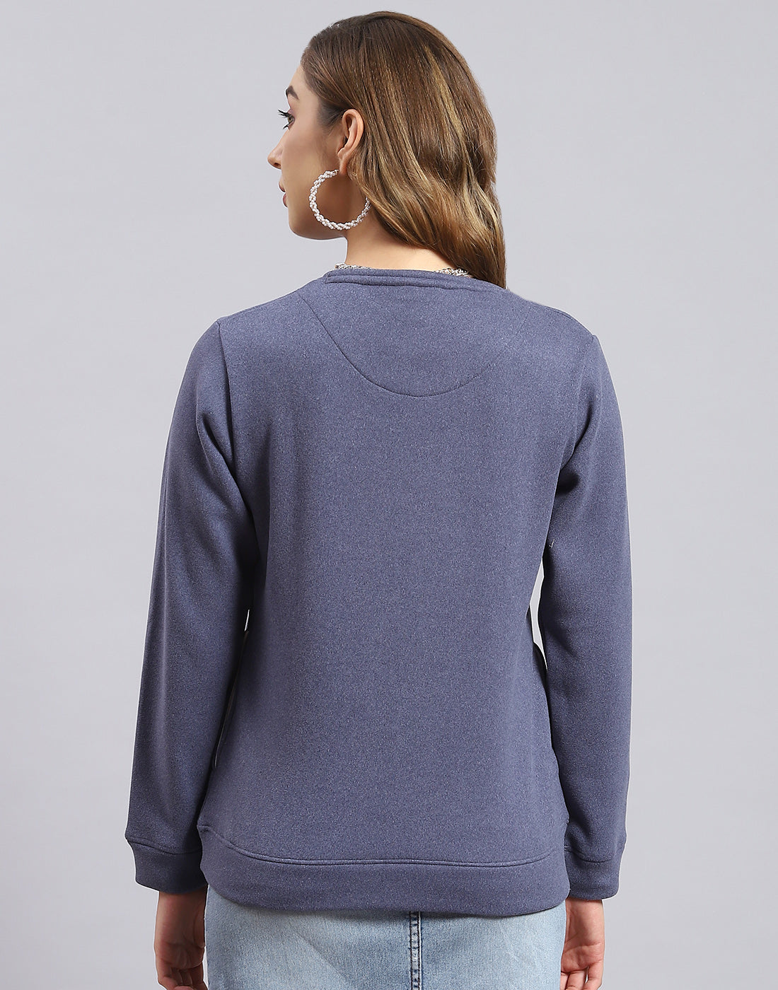 Women Blue Printed Round Neck Full Sleeve Sweatshirt