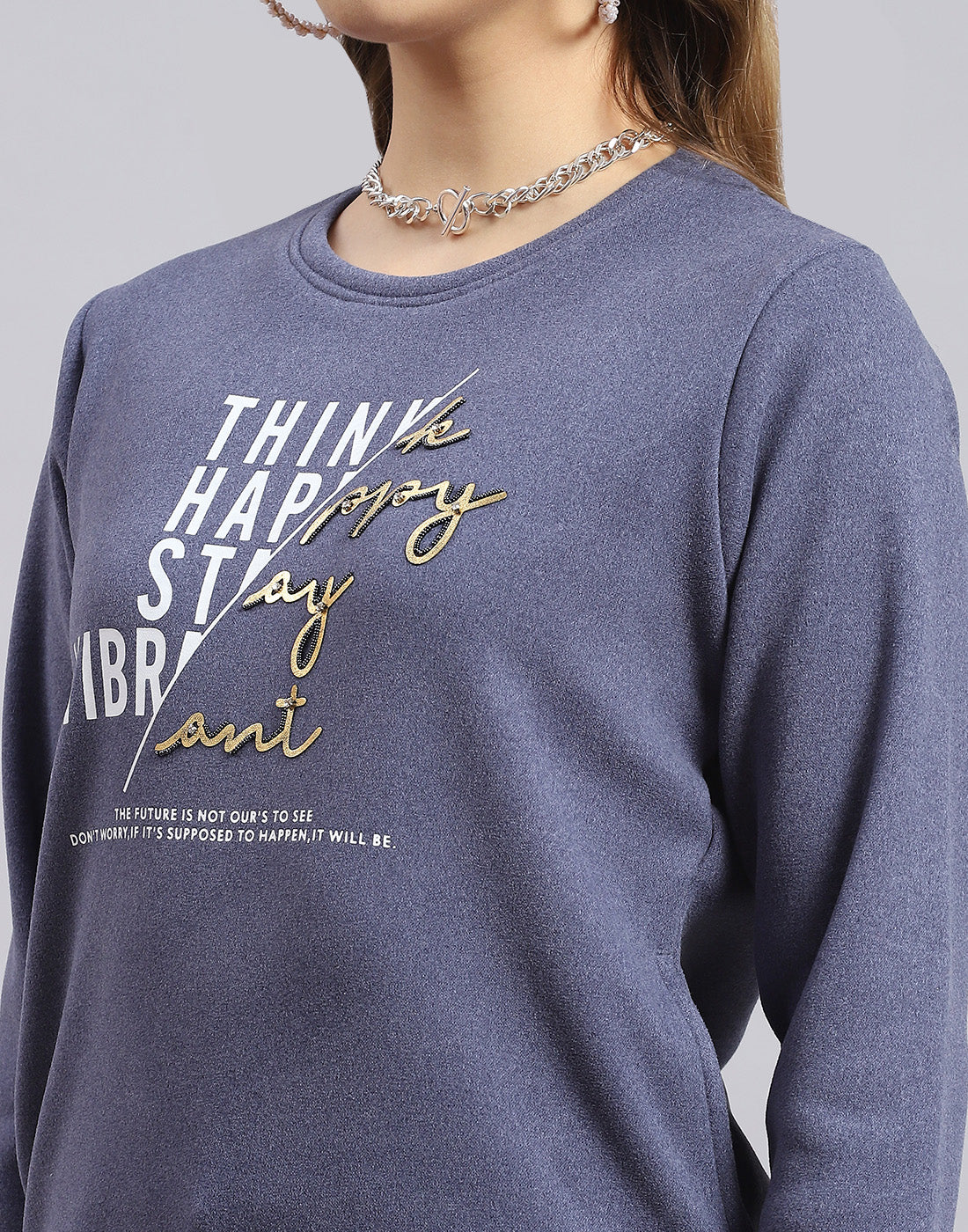 Women Blue Printed Round Neck Full Sleeve Sweatshirt