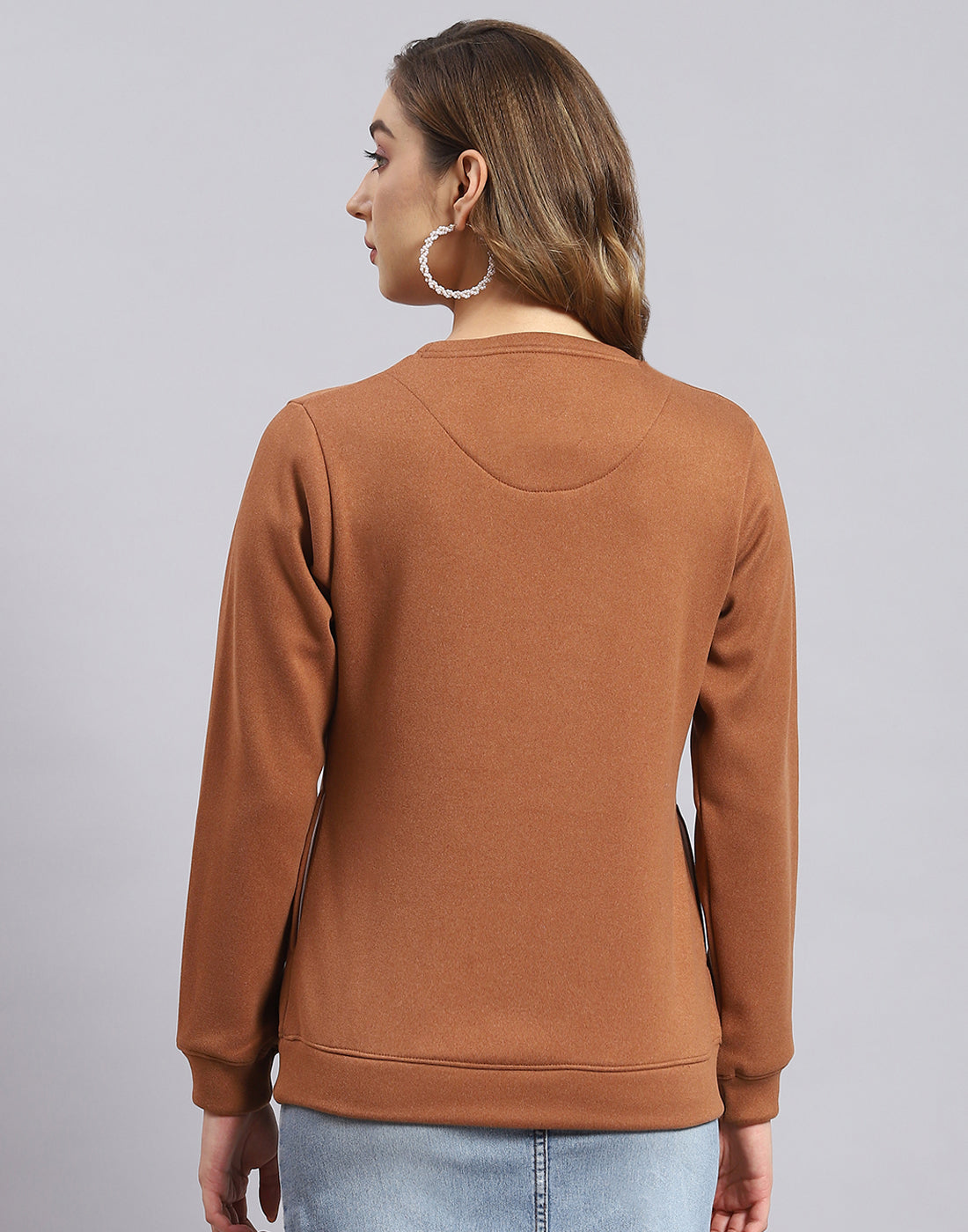Women Brown Printed Round Neck Full Sleeve Sweatshirt