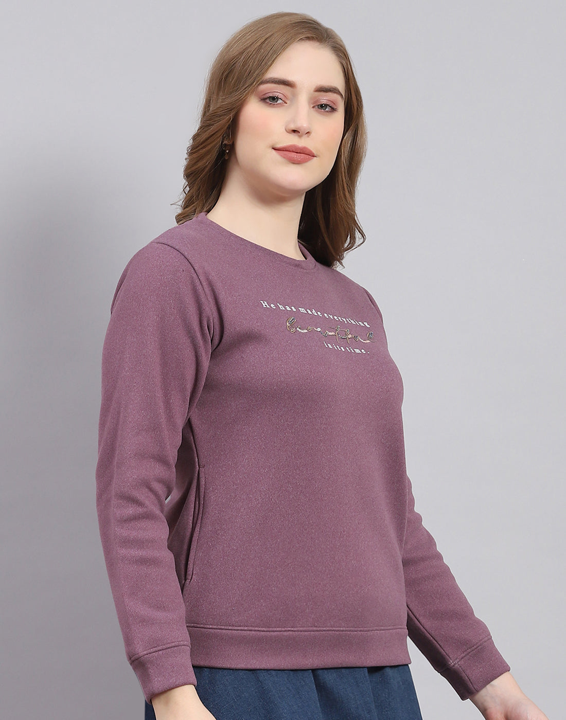 Women Purple Printed Round Neck Full Sleeve Sweatshirt