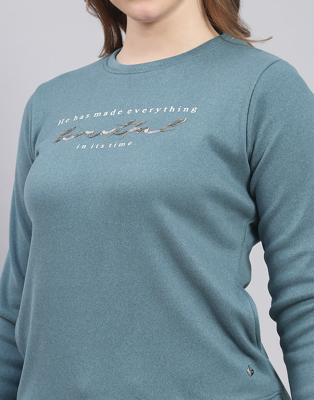Women Teal Blue Printed Round Neck Full Sleeve Sweatshirt