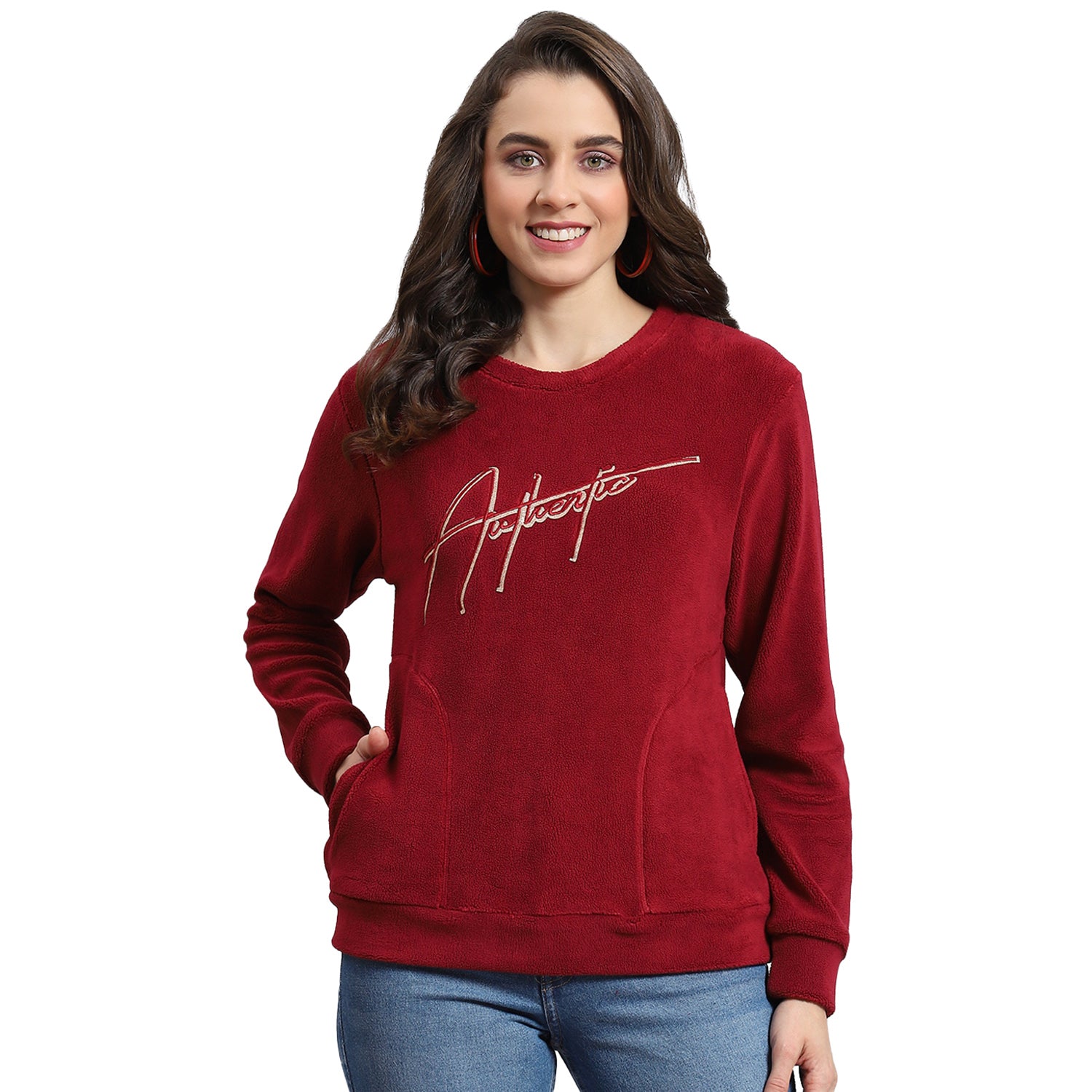 Women Maroon Embroidered Round Neck Full Sleeve Sweatshirt