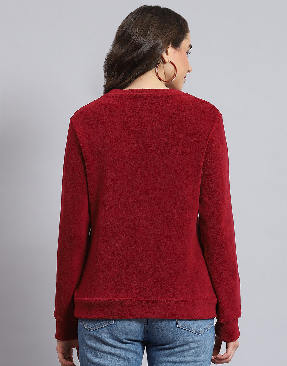 Women Maroon Embroidered Round Neck Full Sleeve Sweatshirt