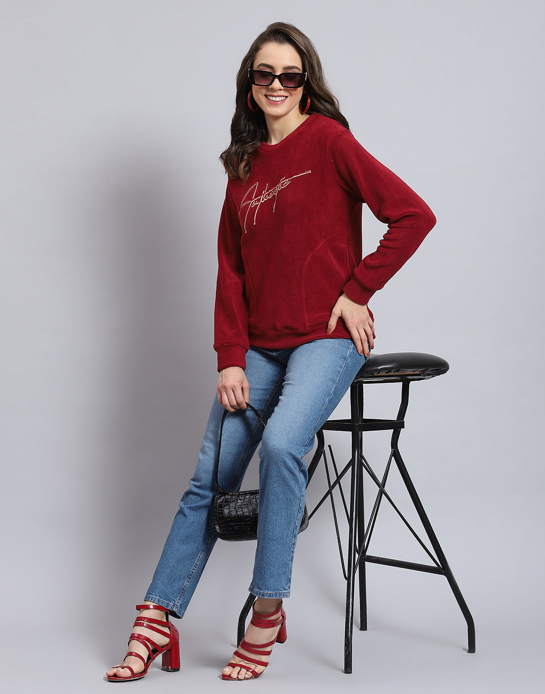 Women Maroon Embroidered Round Neck Full Sleeve Sweatshirt
