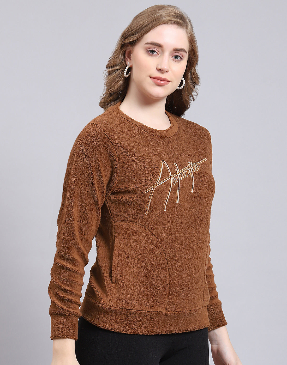 Women Brown Embroidered Round Neck Full Sleeve Sweatshirt
