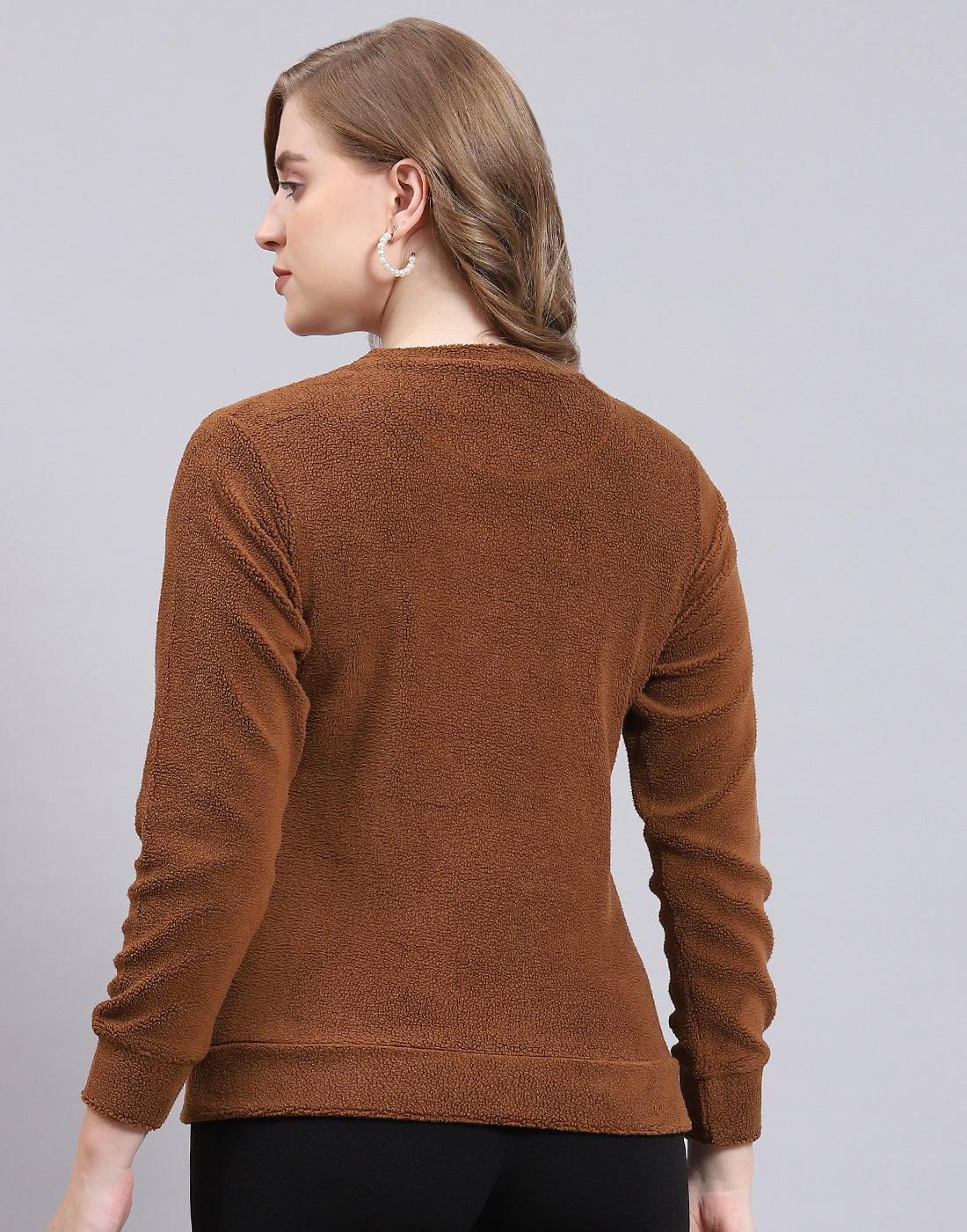 Women Brown Embroidered Round Neck Full Sleeve Sweatshirt