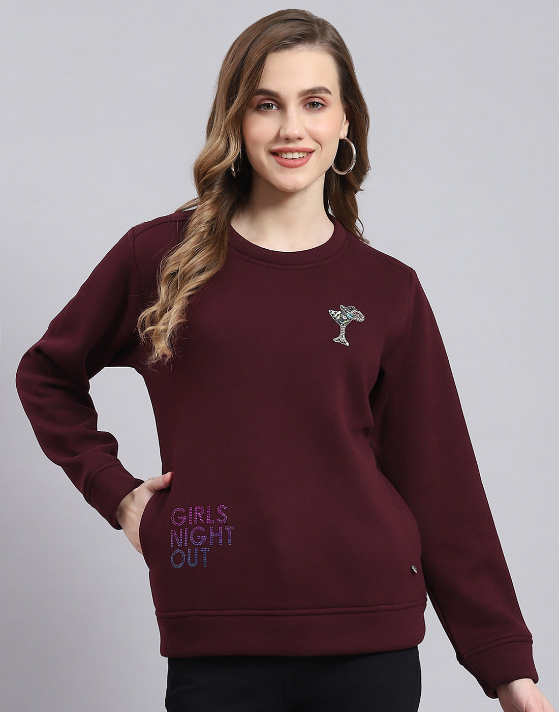 Women Maroon Printed Round Neck Full Sleeve Sweatshirt