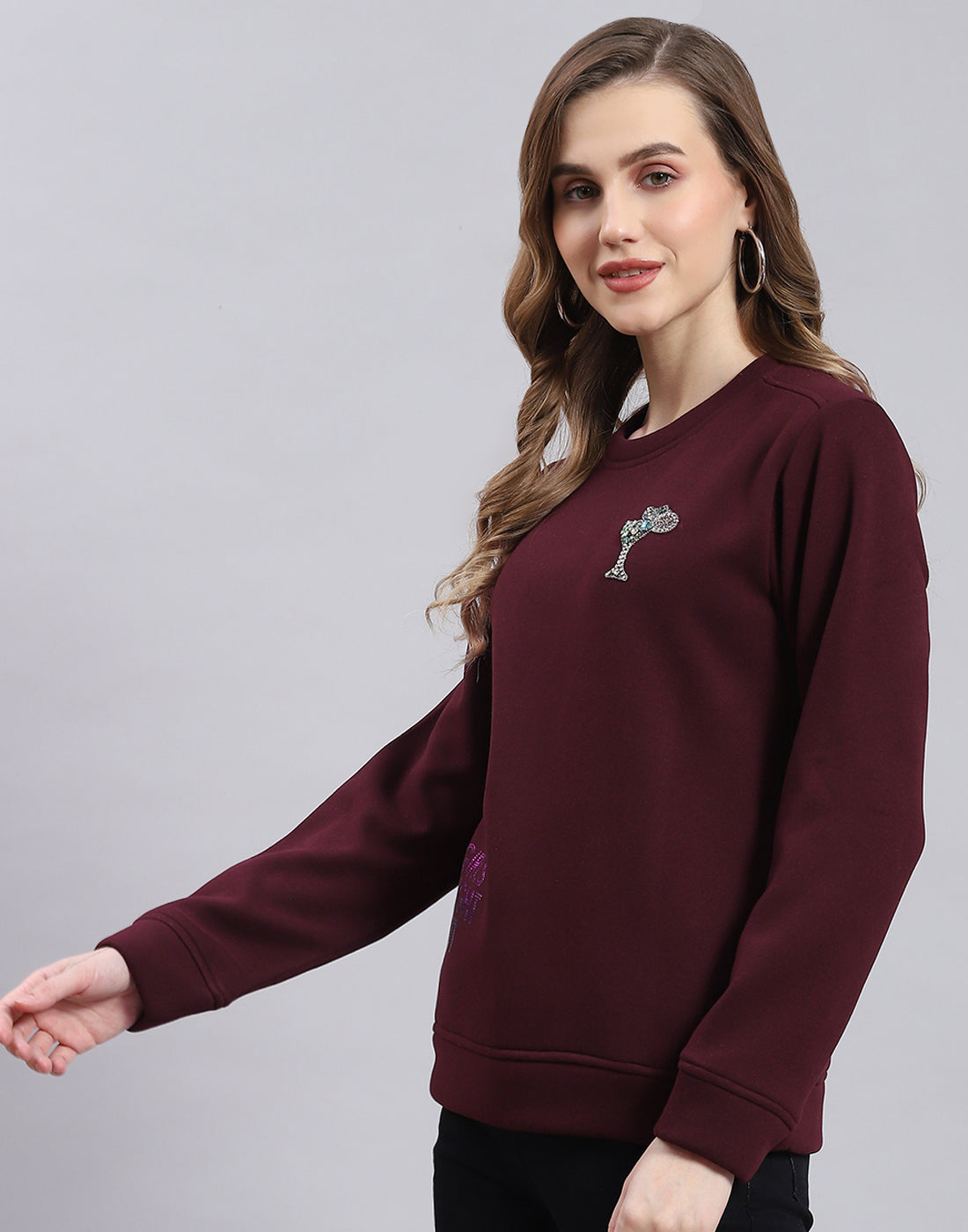 Women Maroon Printed Round Neck Full Sleeve Sweatshirt