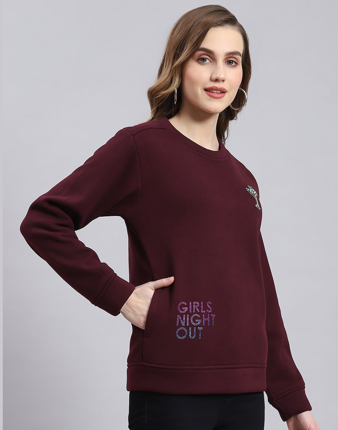 Women Maroon Printed Round Neck Full Sleeve Sweatshirt