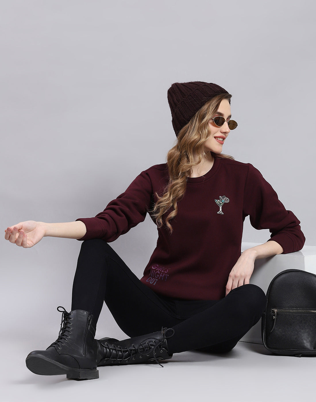 Women Maroon Printed Round Neck Full Sleeve Sweatshirt