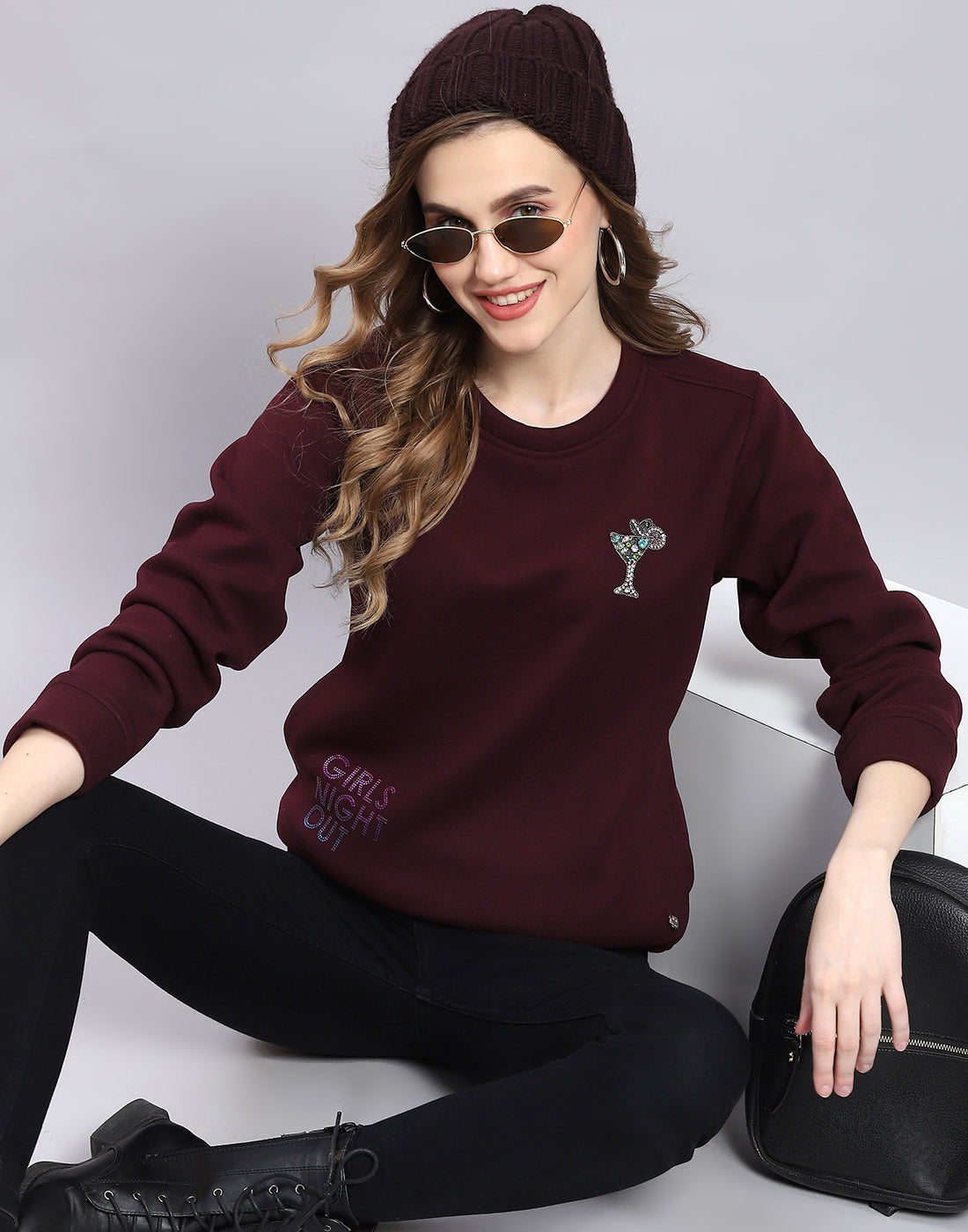 Women Maroon Printed Round Neck Full Sleeve Sweatshirt
