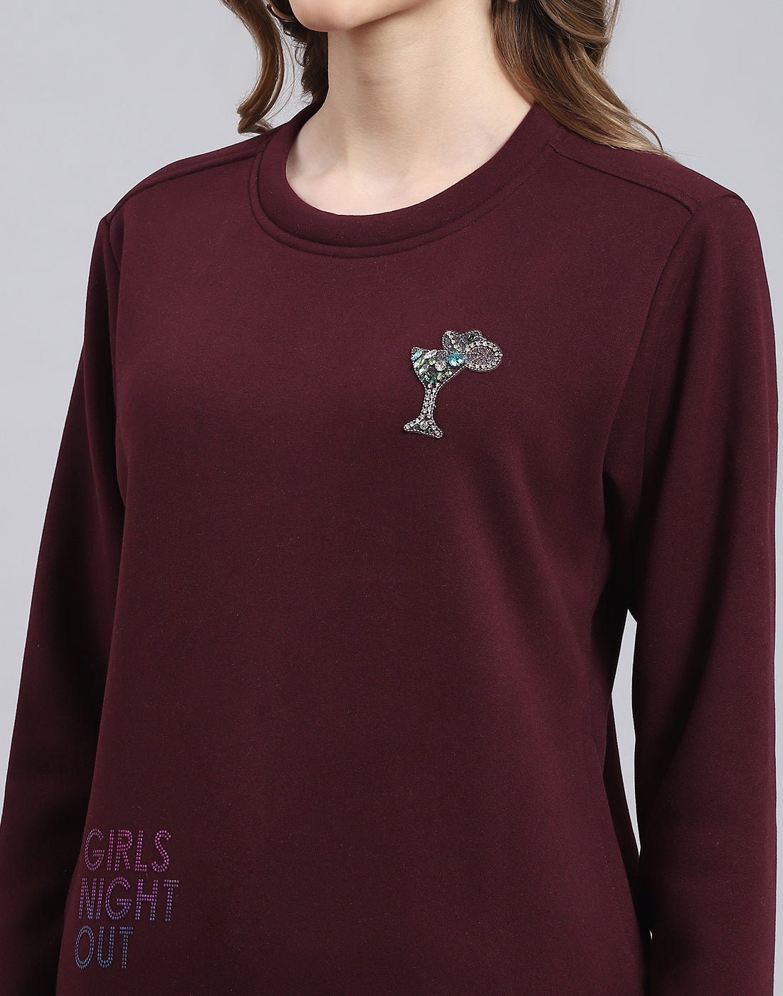 Women Maroon Printed Round Neck Full Sleeve Sweatshirt