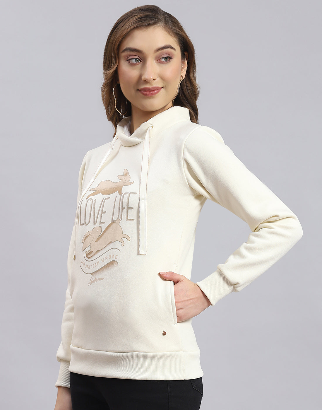 Women Cream Printed Round Neck Full Sleeve Sweatshirt