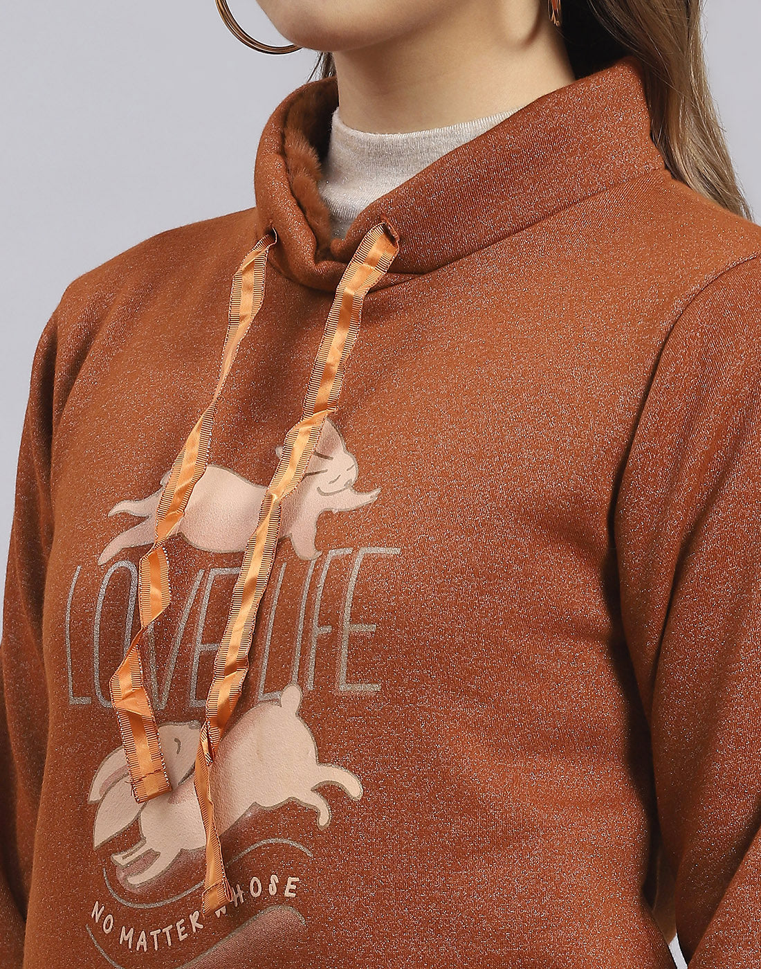 Women Brown Printed Round Neck Full Sleeve Sweatshirt