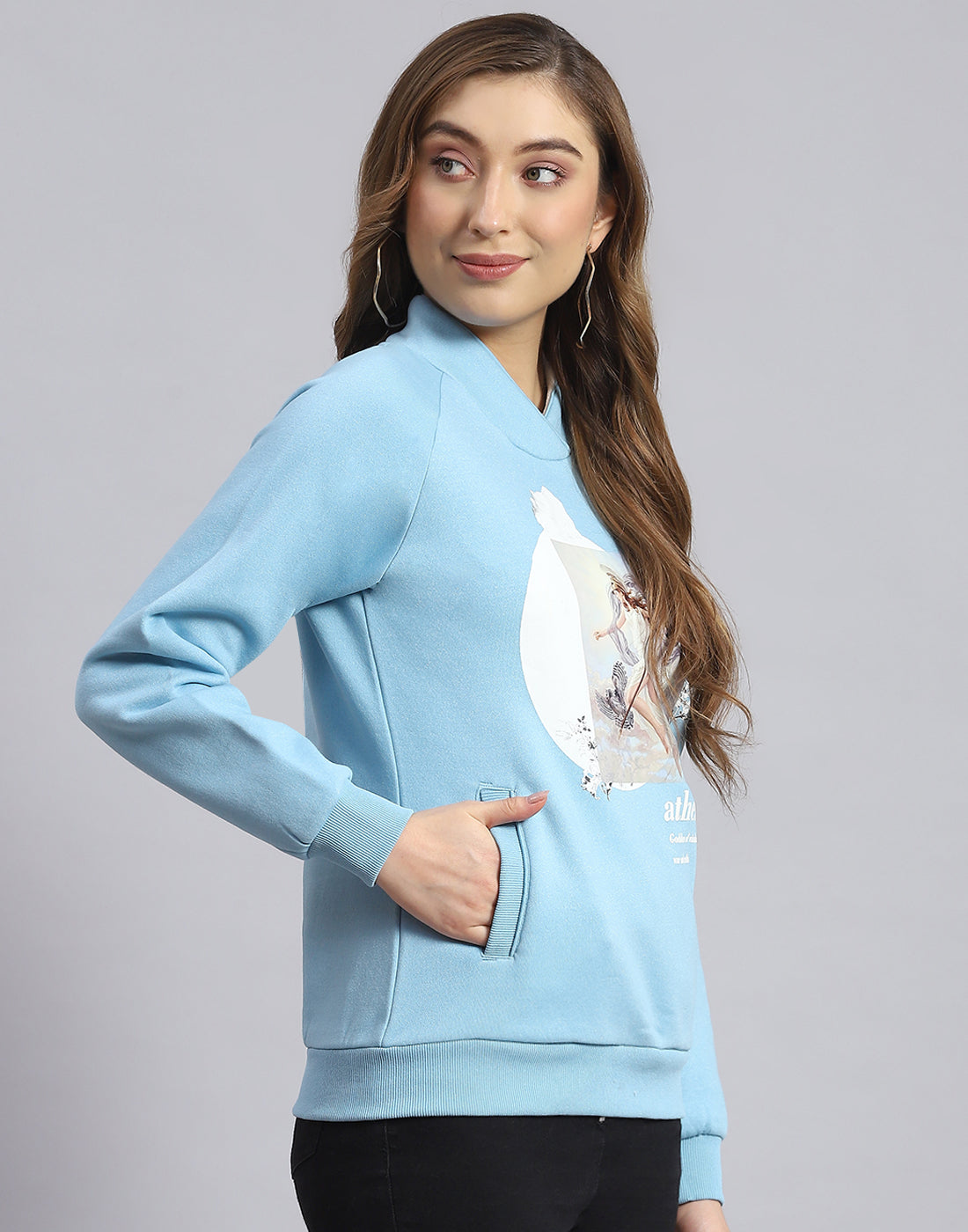 Women Blue Printed H Neck Full Sleeve Sweatshirt
