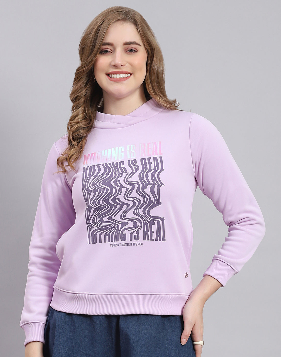Women Purple Printed H Neck Full Sleeve Sweatshirt