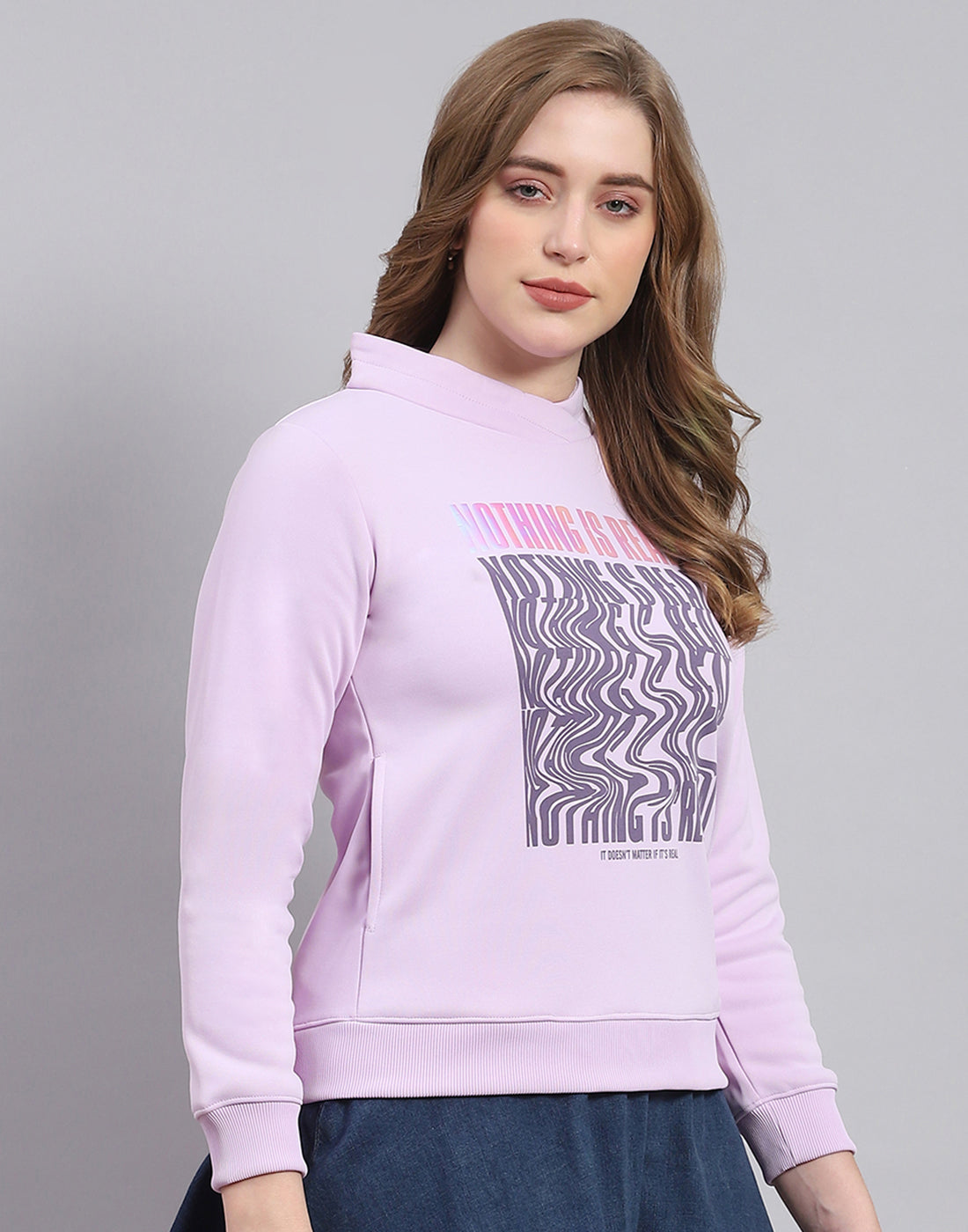 Women Purple Printed H Neck Full Sleeve Sweatshirt