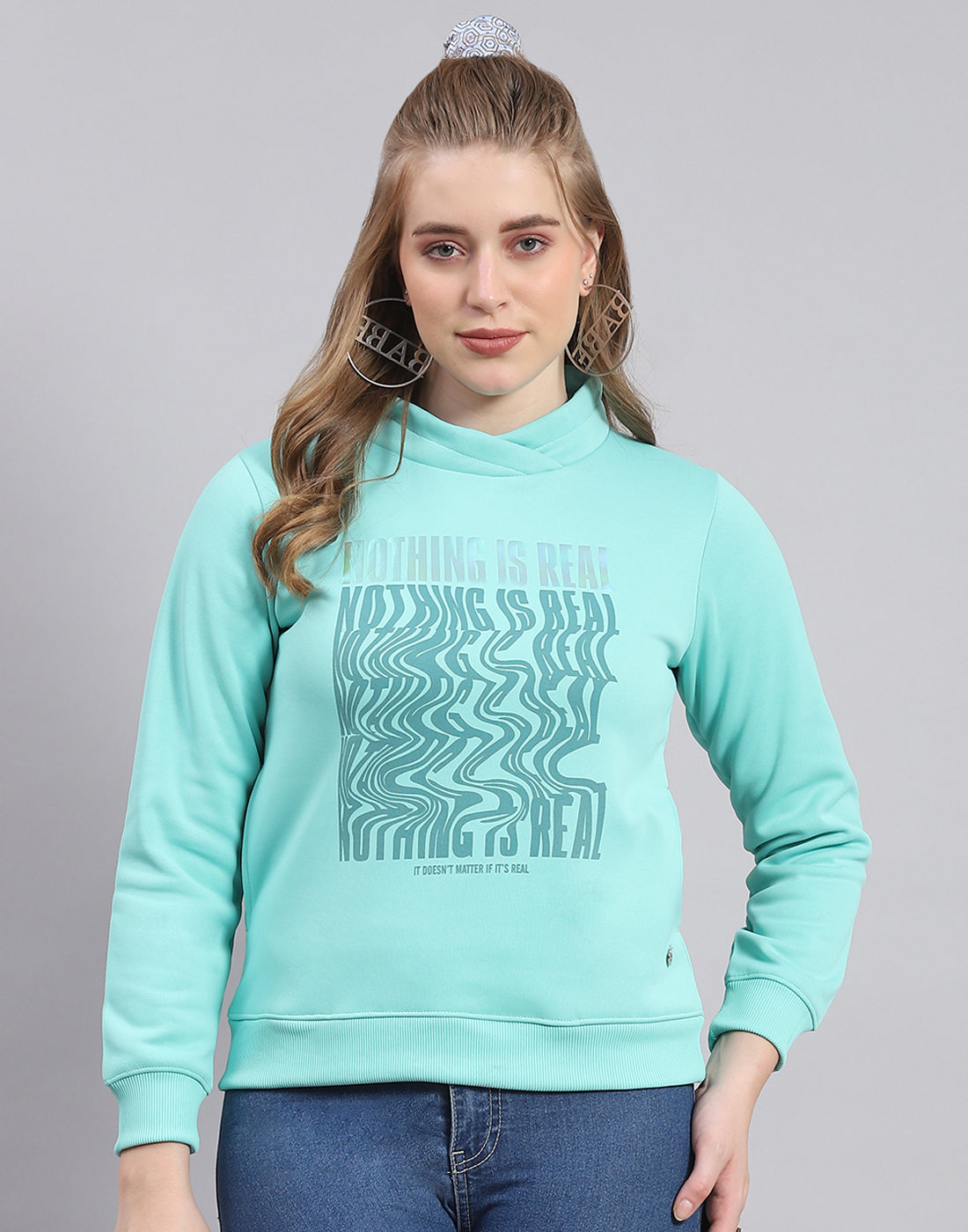 Women Turquoise Blue Printed H Neck Full Sleeve Sweatshirt
