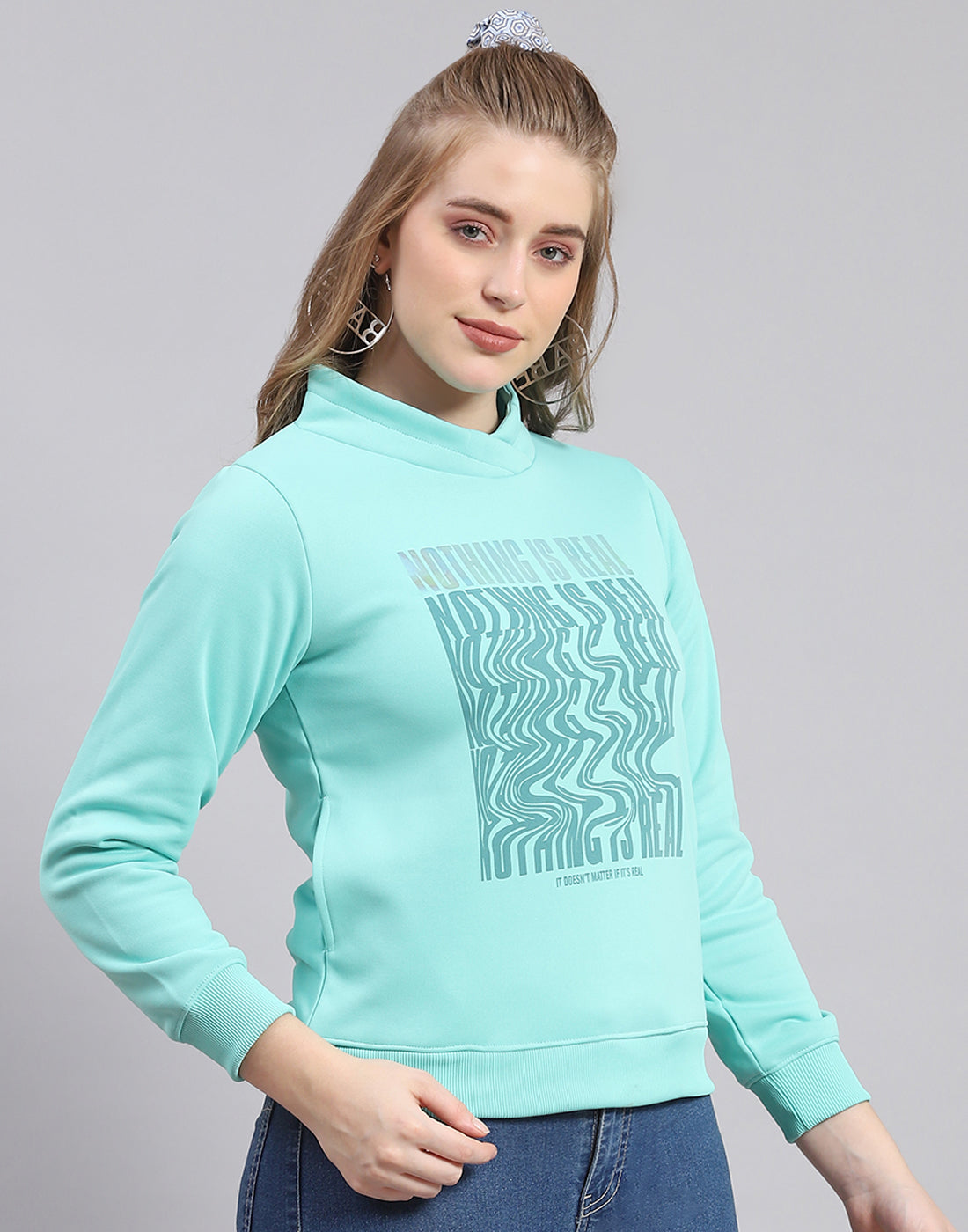 Women Turquoise Blue Printed H Neck Full Sleeve Sweatshirt