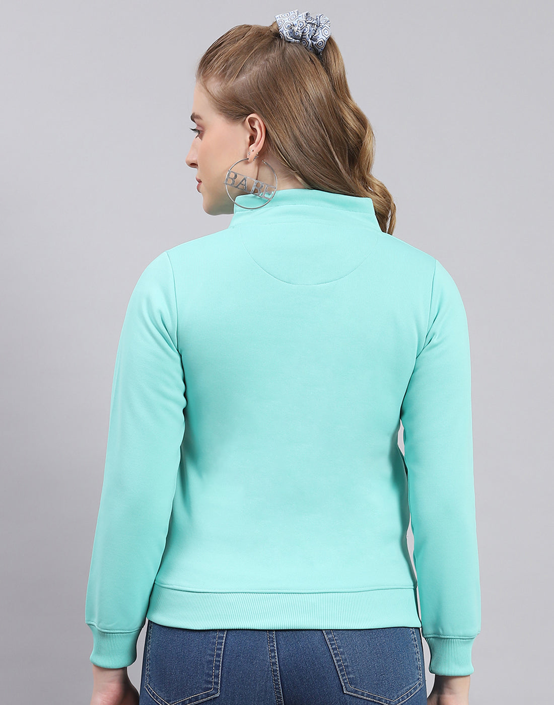 Women Turquoise Blue Printed H Neck Full Sleeve Sweatshirt