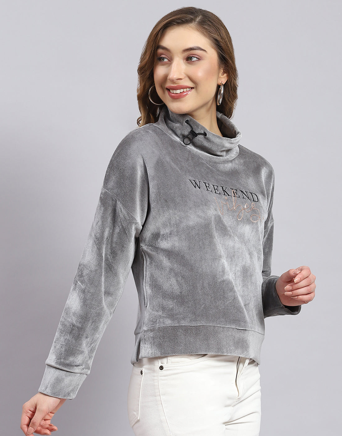 Women Grey Printed H Neck Full Sleeve Sweatshirt