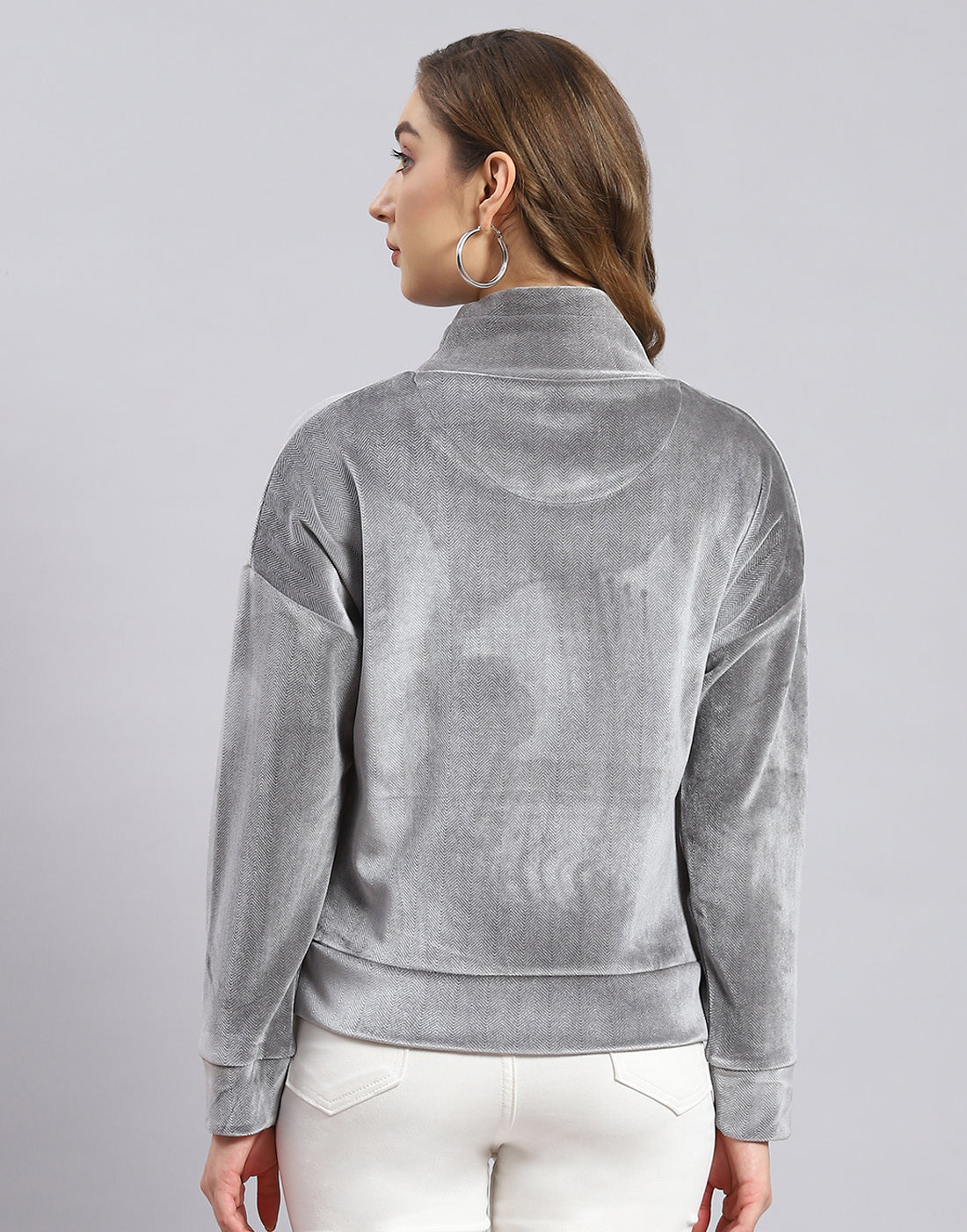 Women Grey Printed H Neck Full Sleeve Sweatshirt