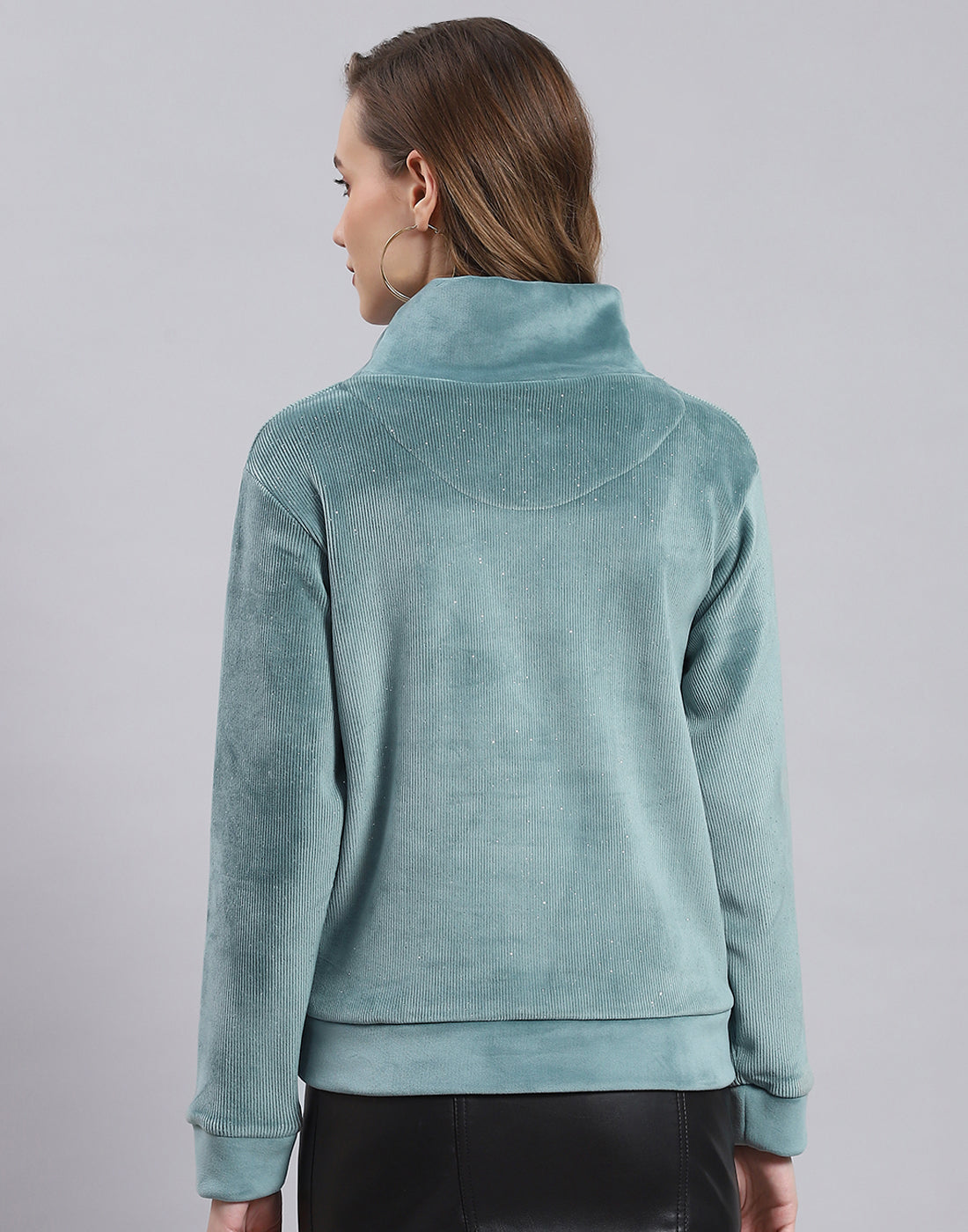Women Teal Blue Embroidered Round Neck Full Sleeve Sweatshirt
