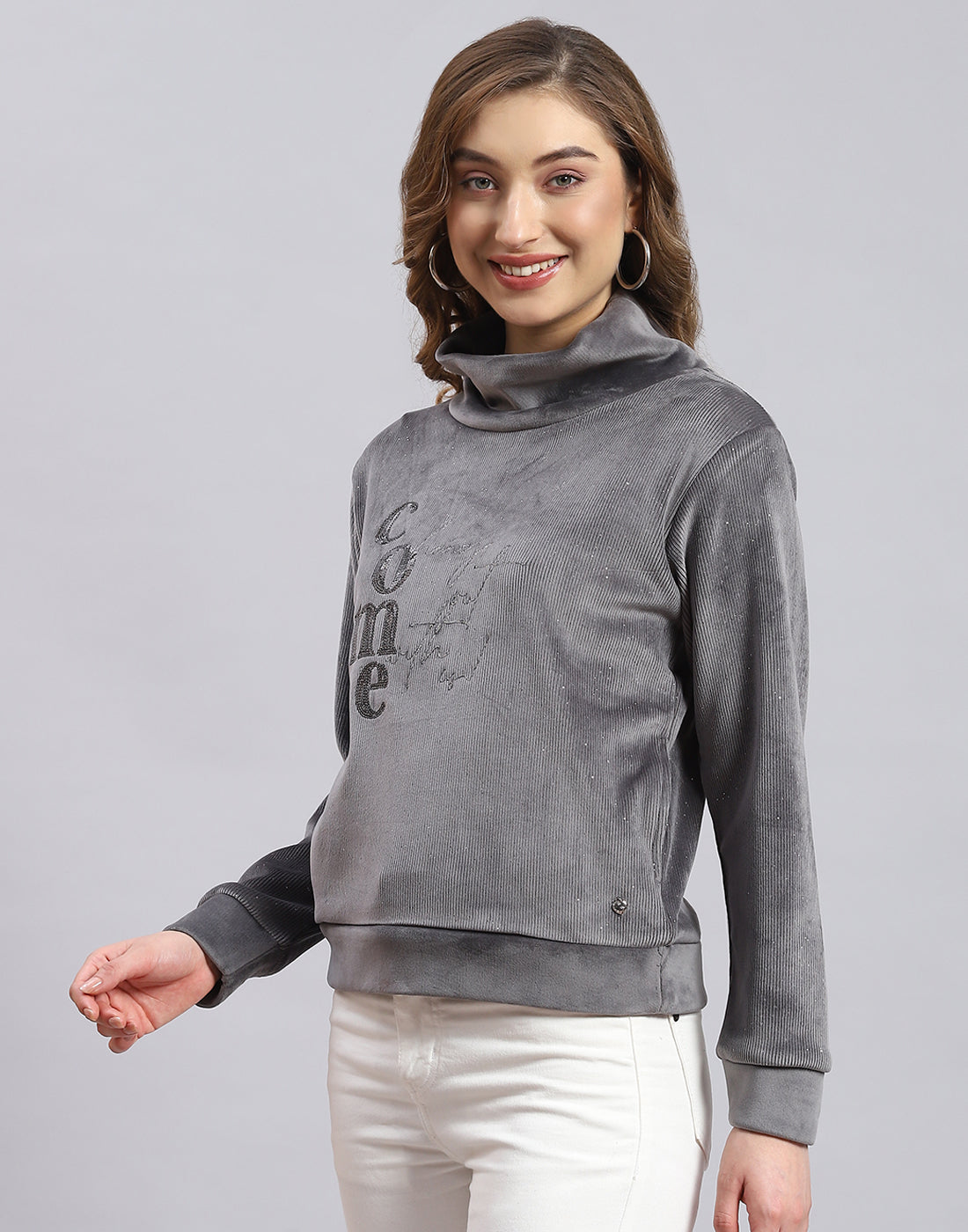 Women Grey Embroidered H Neck Full Sleeve Sweatshirt