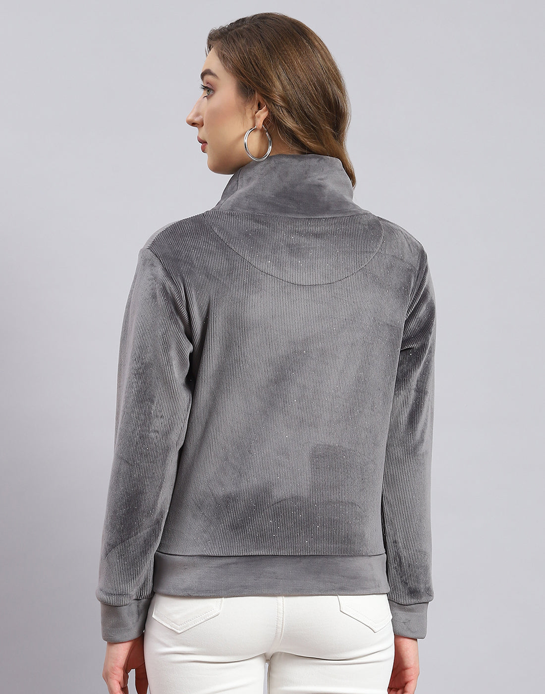 Women Grey Embroidered H Neck Full Sleeve Sweatshirt