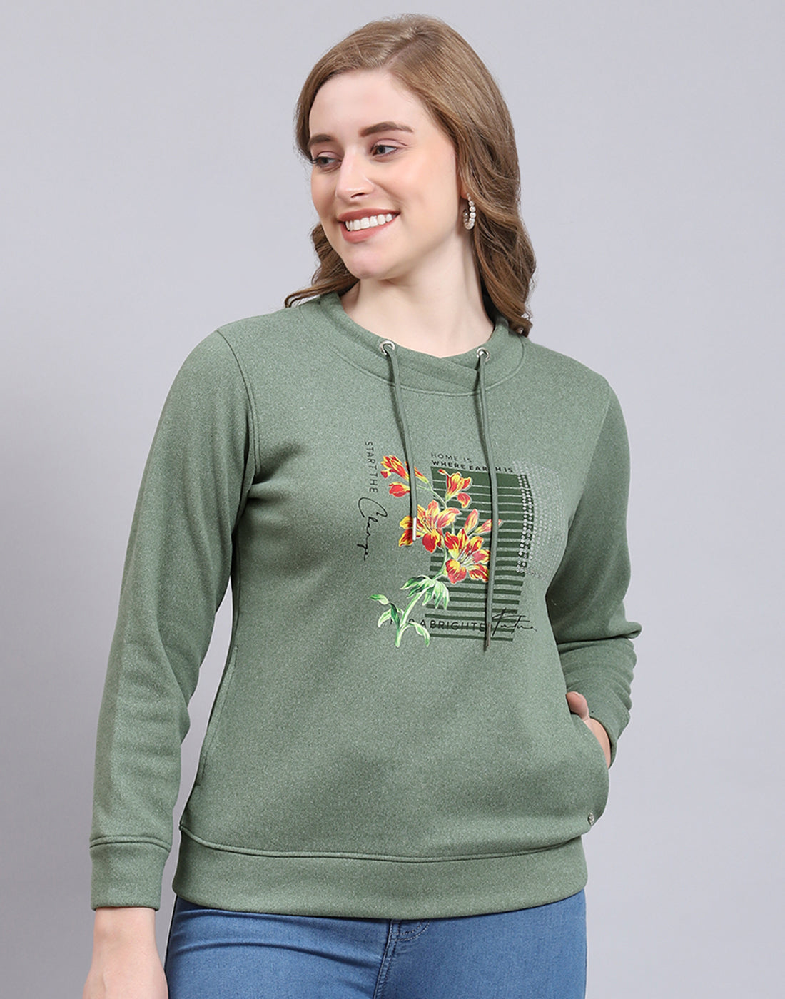 Women Green Printed Round Neck Full Sleeve Sweatshirt