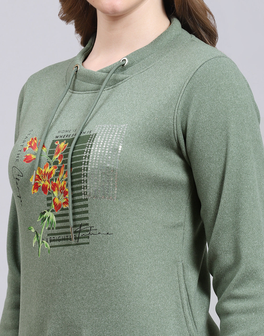 Women Green Printed Round Neck Full Sleeve Sweatshirt