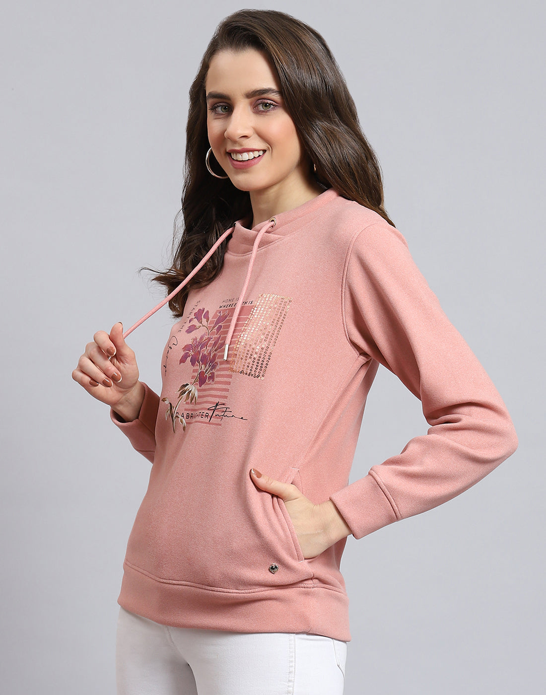 Women Pink Printed Round Neck Full Sleeve Sweatshirt