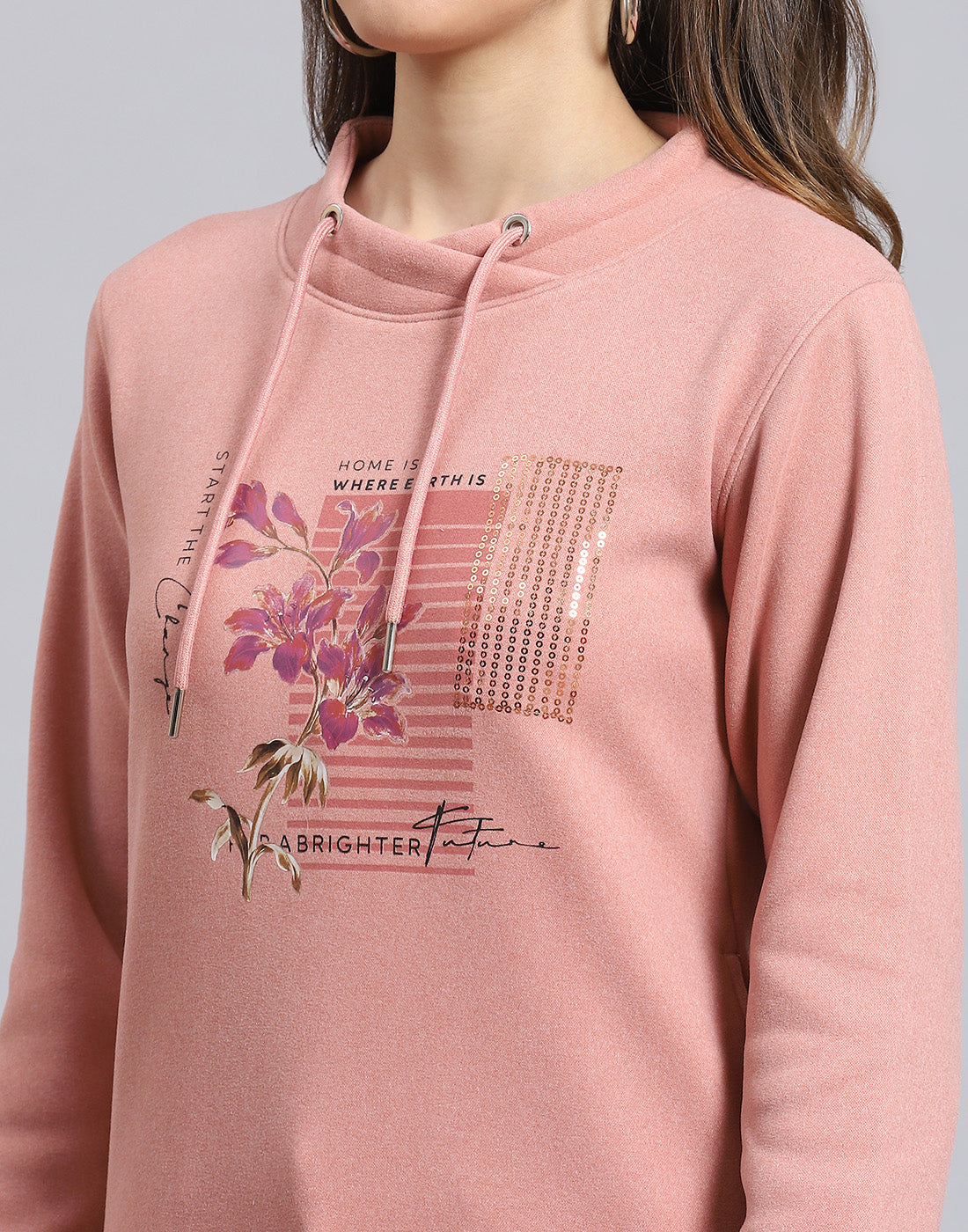 Women Pink Printed Round Neck Full Sleeve Sweatshirt