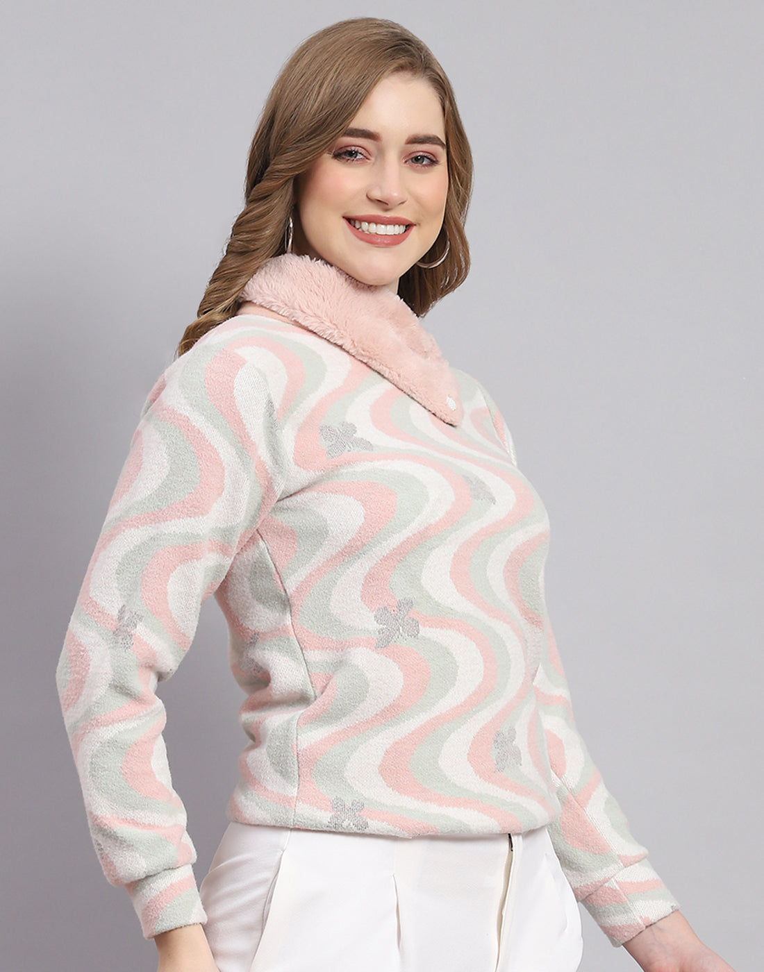 Women Pink Printed Collar Full Sleeve Sweatshirt