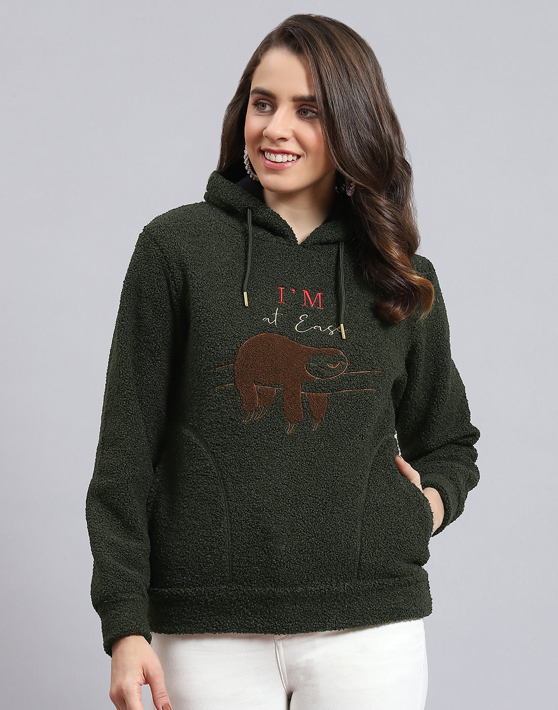 Women Olive Embroidered Hooded Full Sleeve Sweatshirt