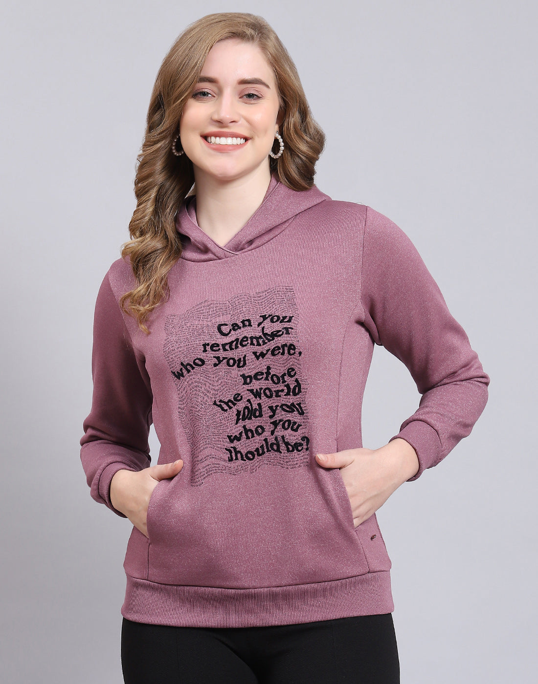 Women Purple Printed Hooded Full Sleeve Sweatshirt