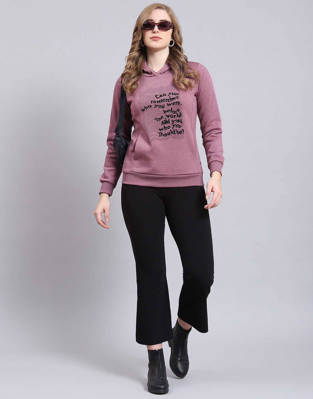 Women Purple Printed Hooded Full Sleeve Sweatshirt