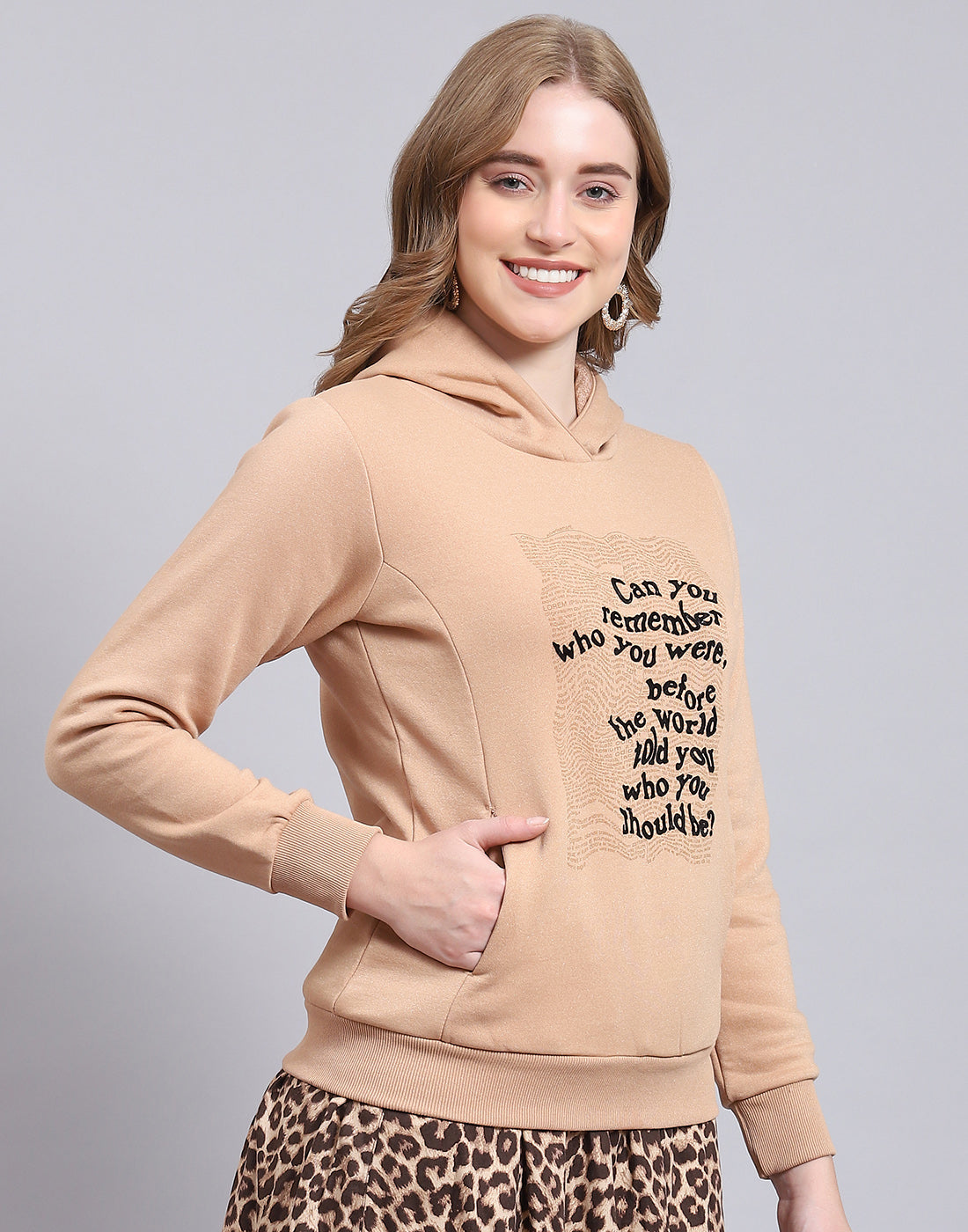 Women Beige Printed Hooded Full Sleeve Sweatshirt