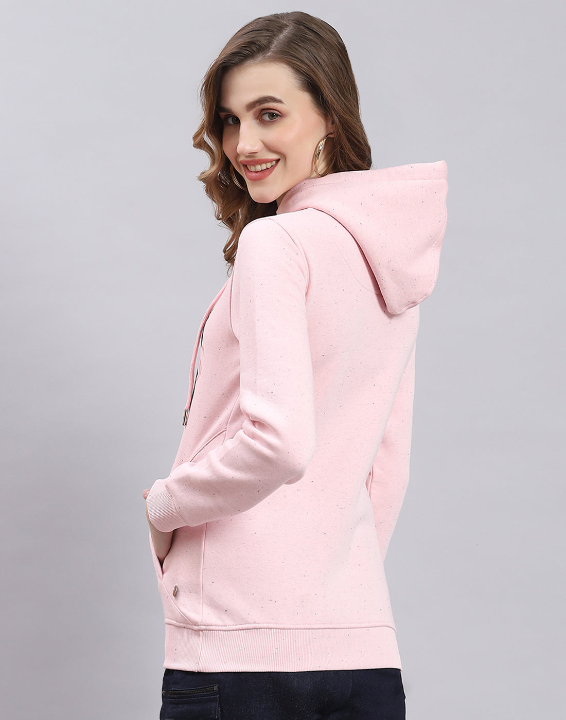 Women Pink Printed Hooded Full Sleeve Sweatshirt