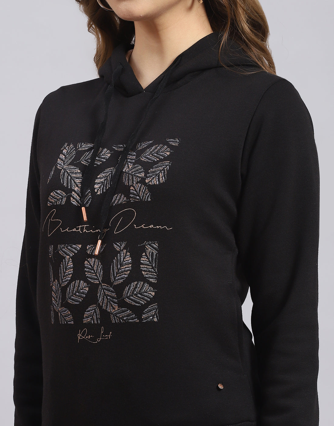 Women Black Embroidered Hooded Full Sleeve Sweatshirt