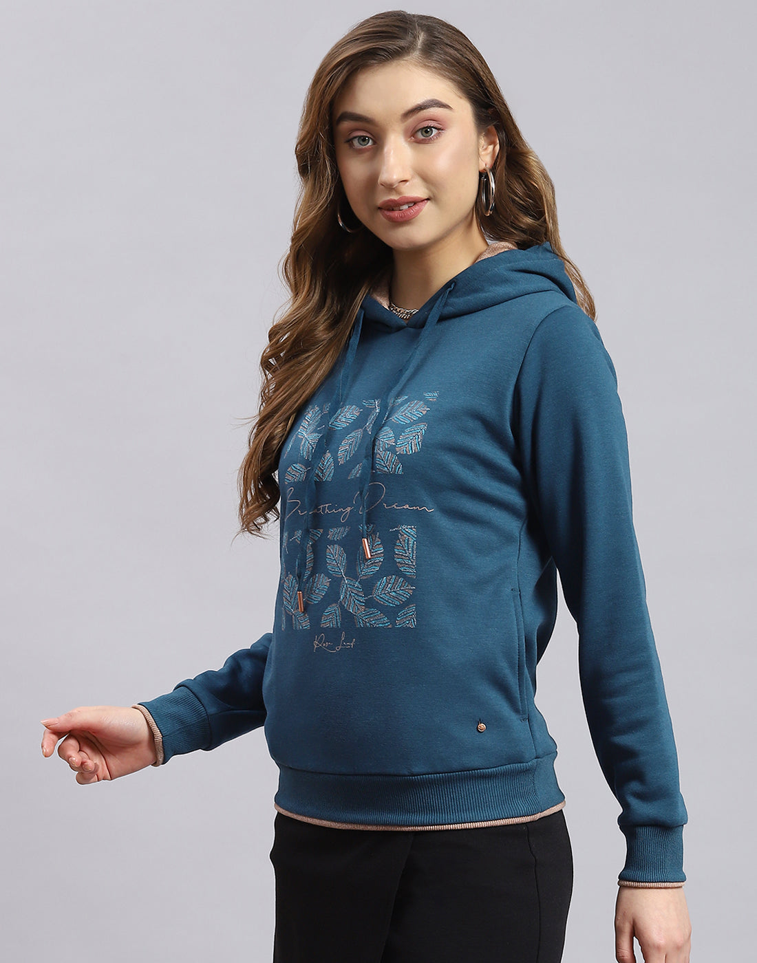 Women Teal Blue Embroidered Hooded Full Sleeve Sweatshirt