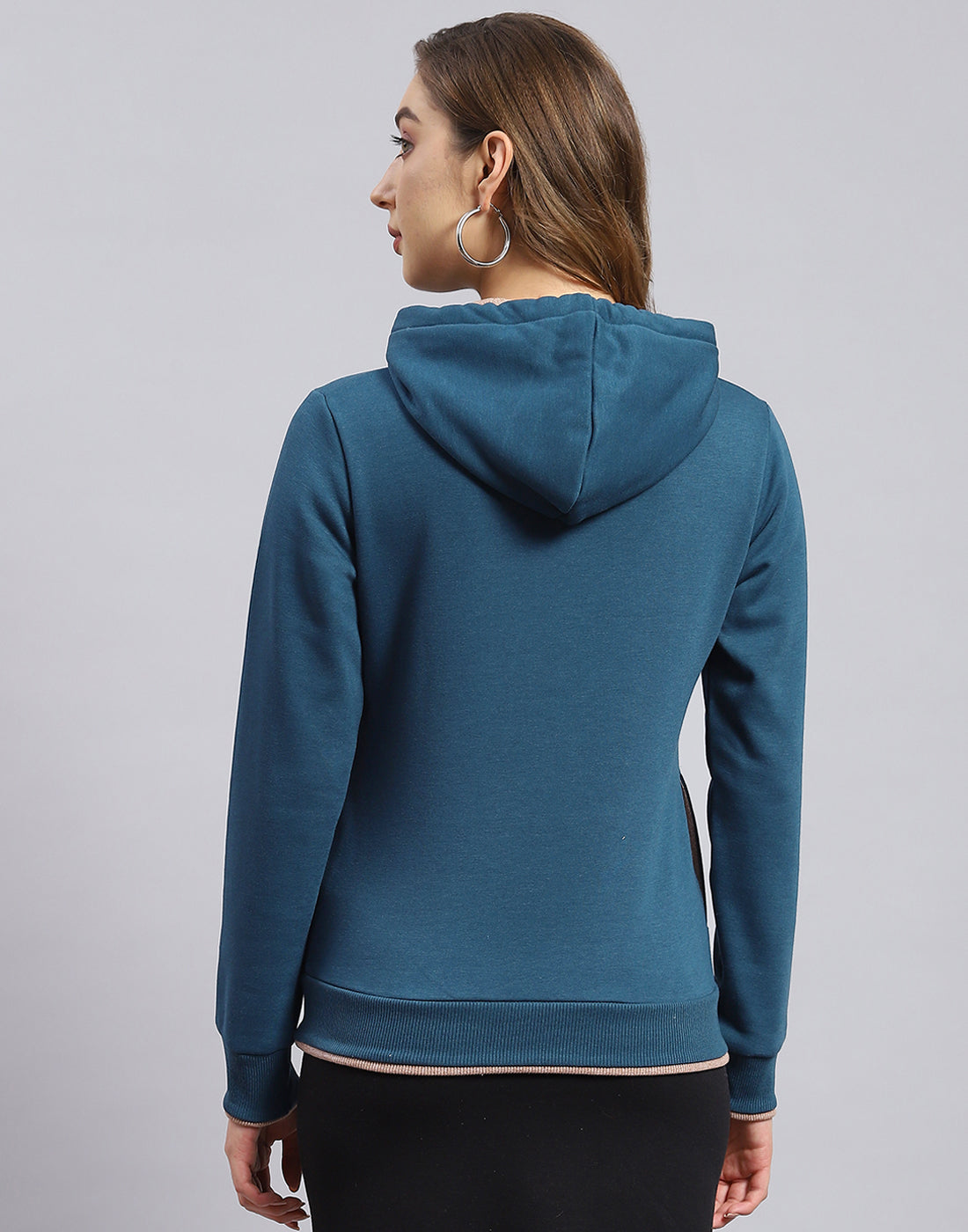 Women Teal Blue Embroidered Hooded Full Sleeve Sweatshirt