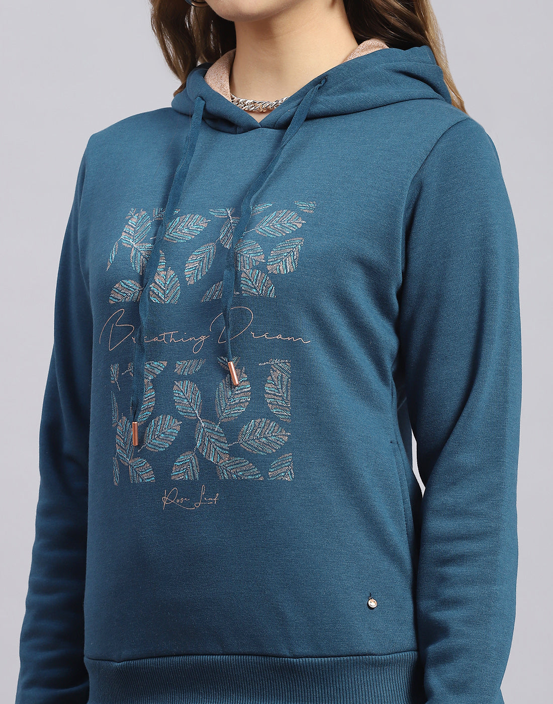 Women Teal Blue Embroidered Hooded Full Sleeve Sweatshirt