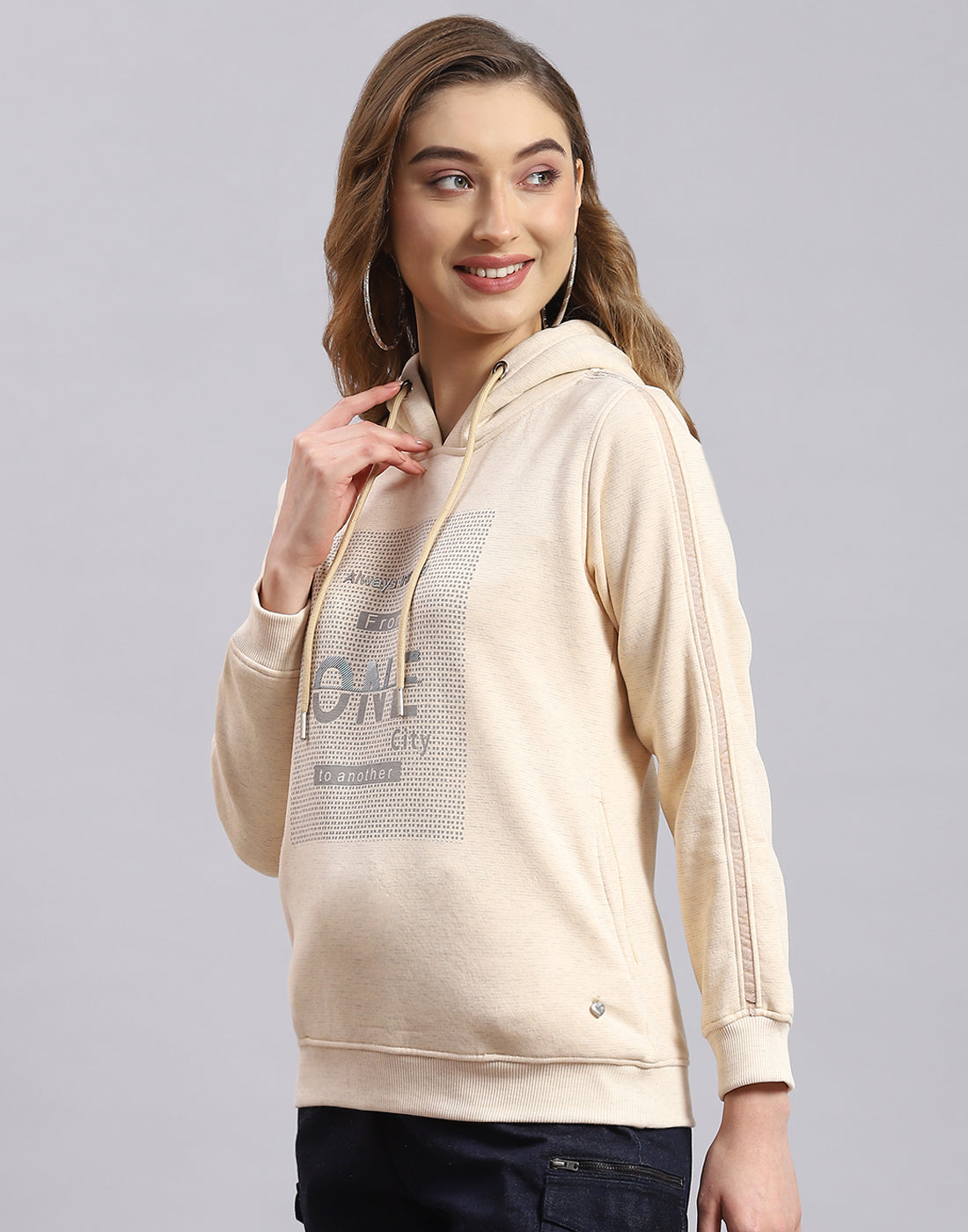 Women Beige Printed Hooded Full Sleeve Sweatshirt