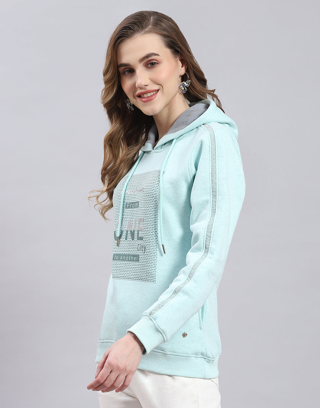 Women Turquoise Blue Printed Hooded Full Sleeve Sweatshirt