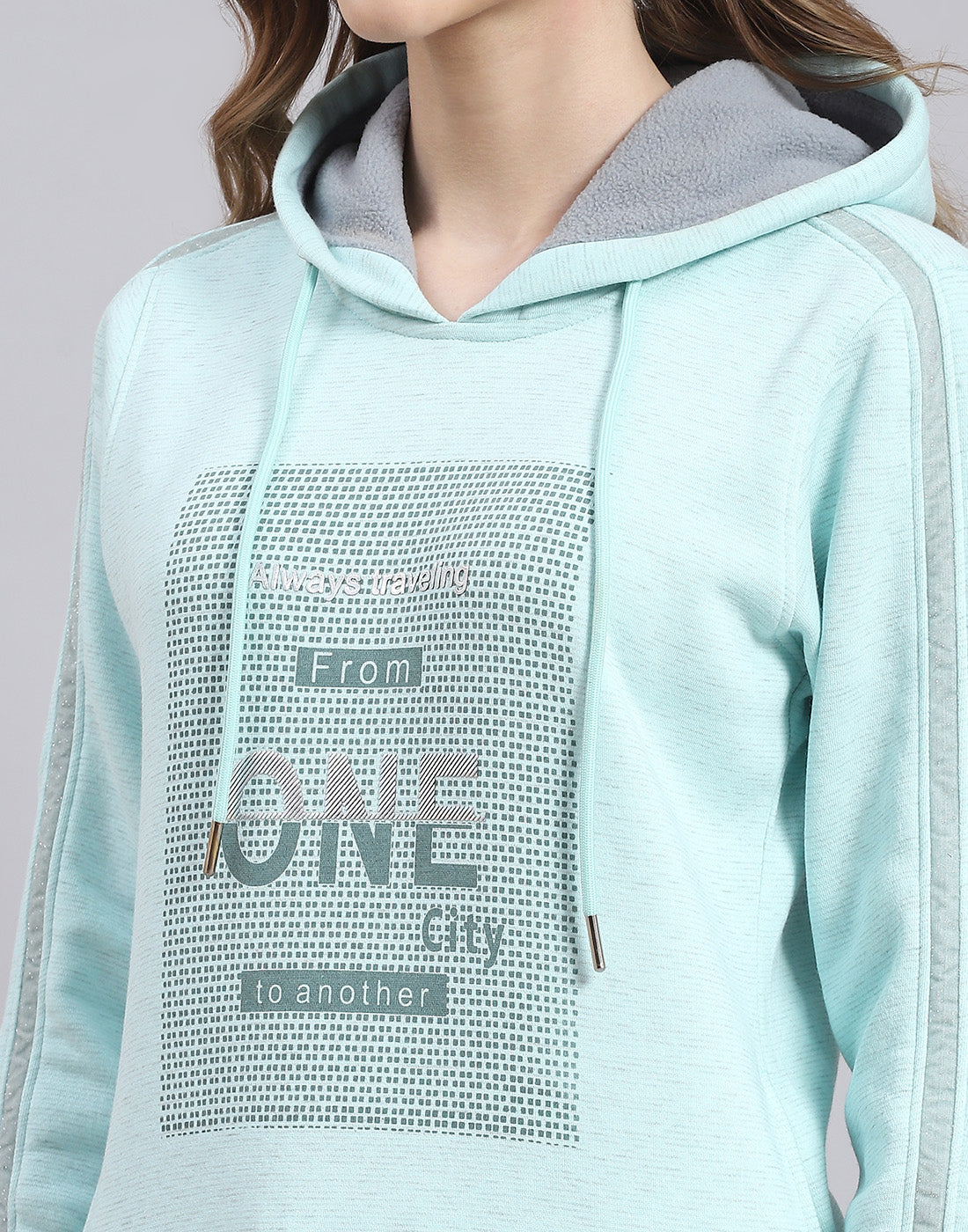 Women Turquoise Blue Printed Hooded Full Sleeve Sweatshirt