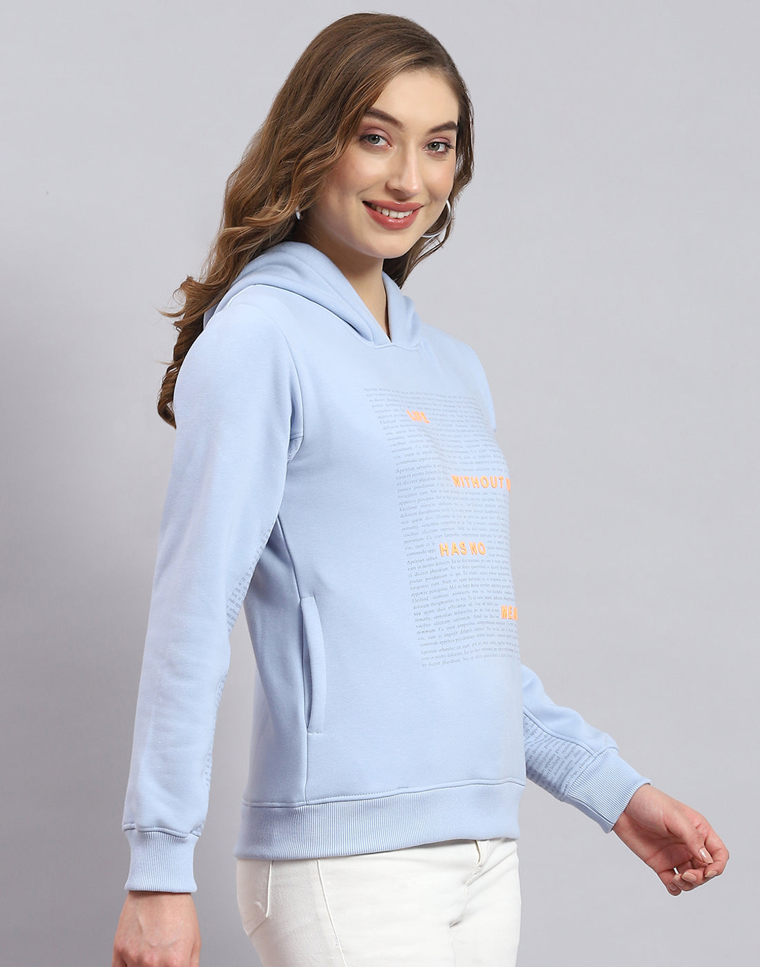 Women Blue Printed Hooded Full Sleeve Sweatshirt