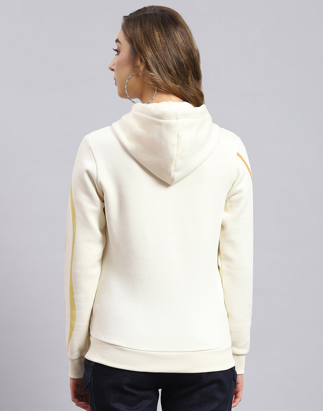 Women Cream Printed Hooded Full Sleeve Sweatshirt