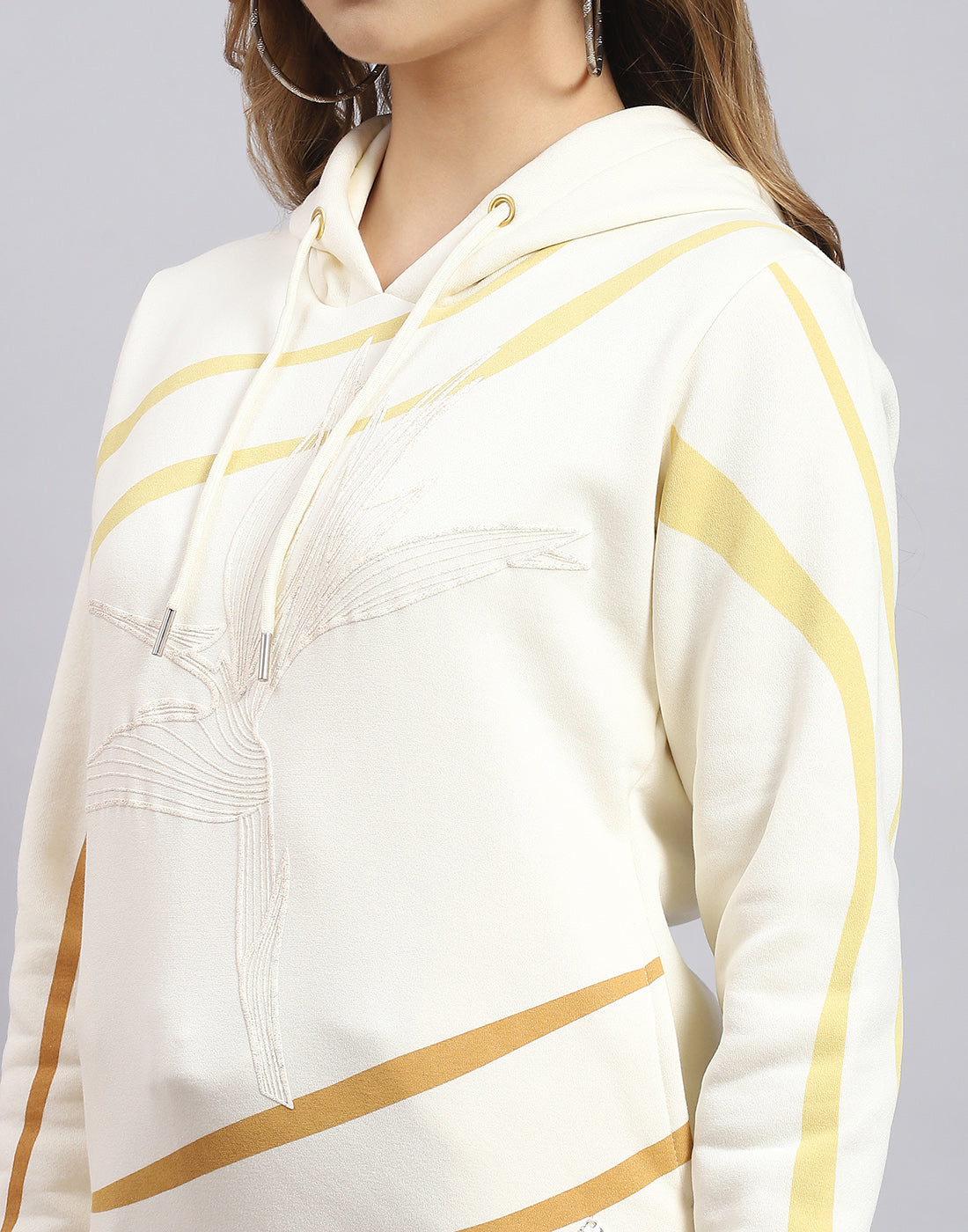 Women Cream Printed Hooded Full Sleeve Sweatshirt